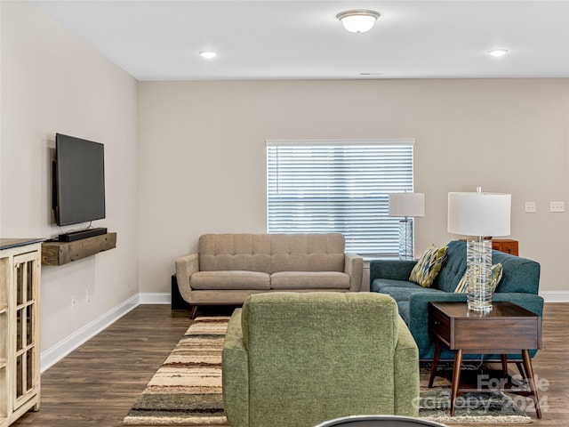 living room with dark hardwood / wood-style flooring