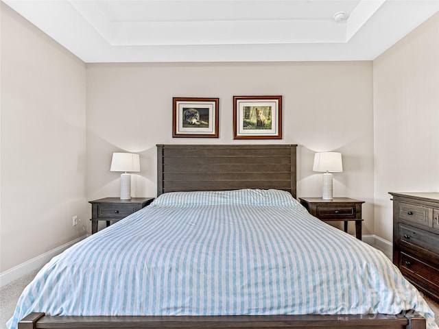 bedroom featuring carpet and a raised ceiling