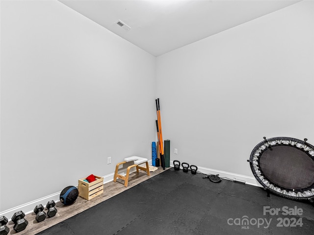 workout room with hardwood / wood-style flooring