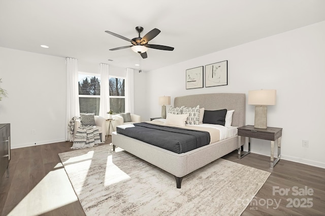 bedroom with ceiling fan and wood-type flooring