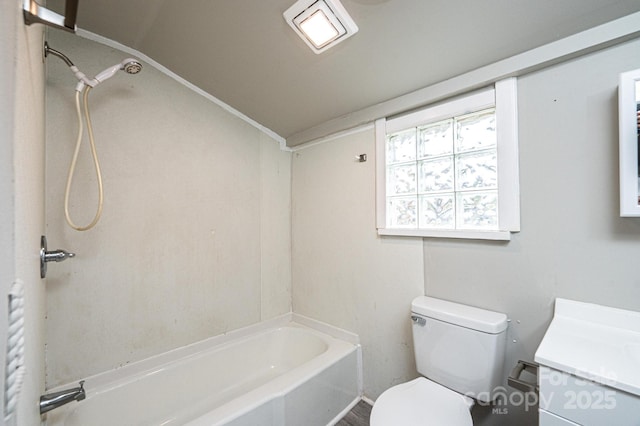 full bathroom featuring vanity, toilet, and washtub / shower combination