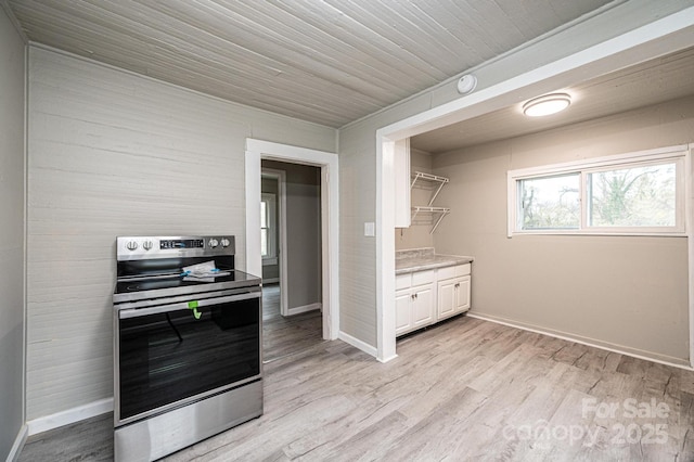 kitchen with white cabinetry, electric stove, wood ceiling, and light hardwood / wood-style flooring