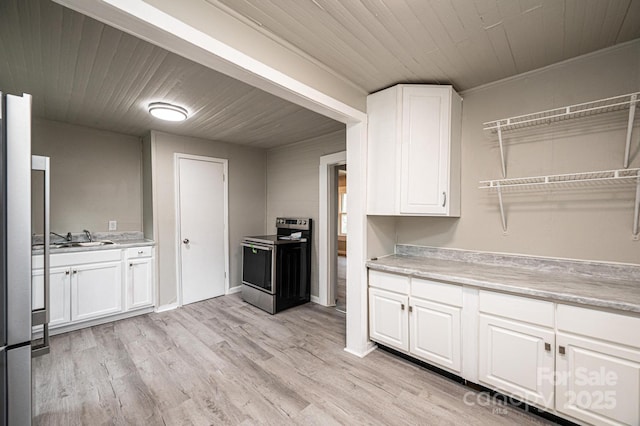 kitchen with stainless steel range with electric stovetop, white cabinetry, sink, and light hardwood / wood-style flooring