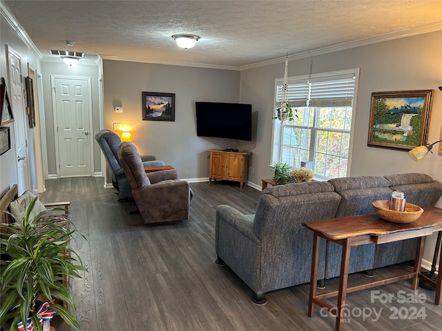 living room with a textured ceiling, dark hardwood / wood-style flooring, and crown molding