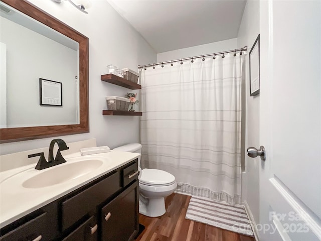 1096 Mountain Laurel Ct, Matthews, NC 28104 - bathroom featuring wood finished floors, vanity, toilet, and curtained shower