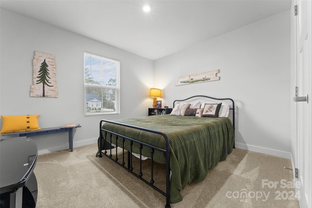 bedroom with light colored carpet