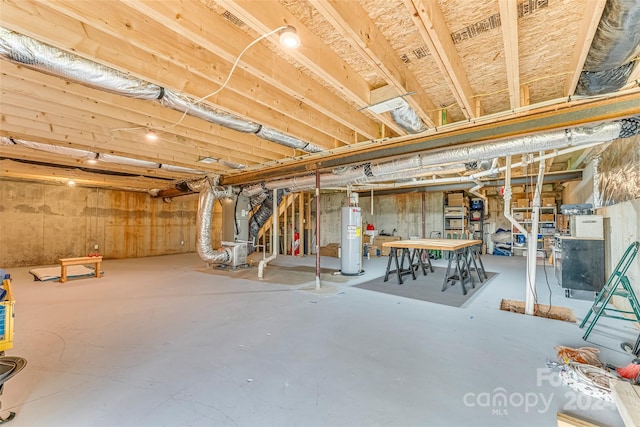 basement with water heater and heating unit