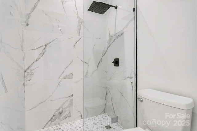 bathroom featuring toilet and a marble finish shower