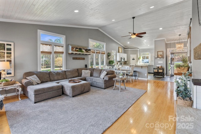 living room with ceiling fan, light hardwood / wood-style flooring, wooden ceiling, and vaulted ceiling