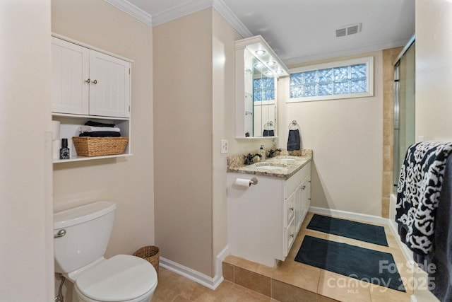 bathroom with walk in shower, tile patterned floors, crown molding, toilet, and vanity