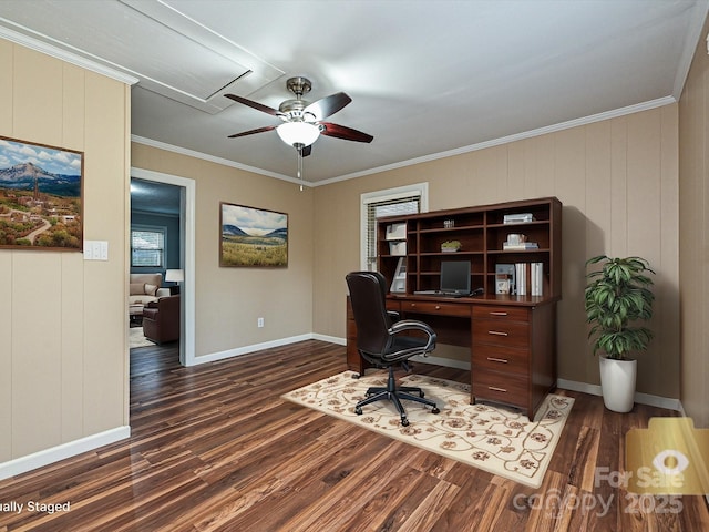 office area with ceiling fan, dark hardwood / wood-style flooring, and crown molding