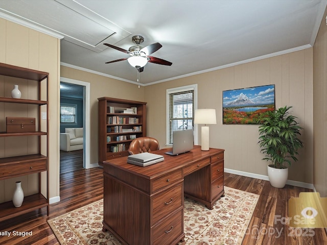 office area with ceiling fan, dark wood-type flooring, and crown molding