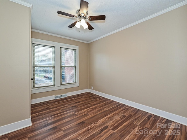 unfurnished room with ceiling fan, crown molding, and dark hardwood / wood-style floors