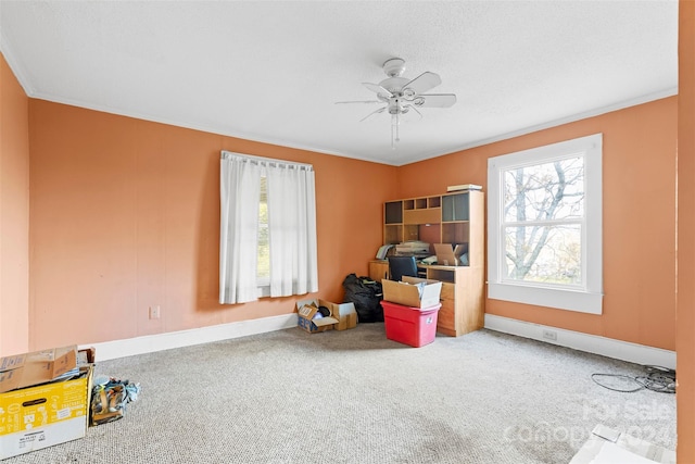 misc room with carpet flooring, ornamental molding, and ceiling fan