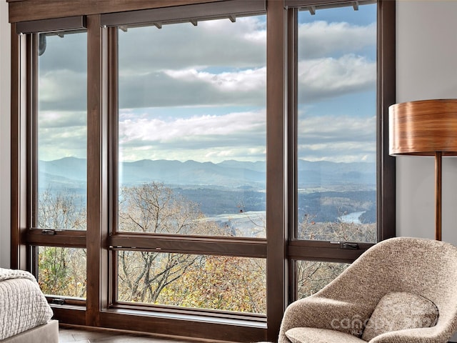 interior space with a mountain view