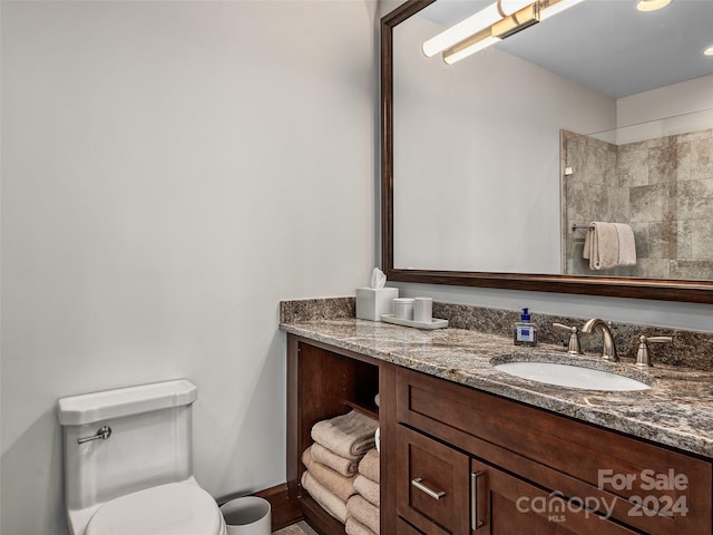 bathroom with a shower, vanity, and toilet