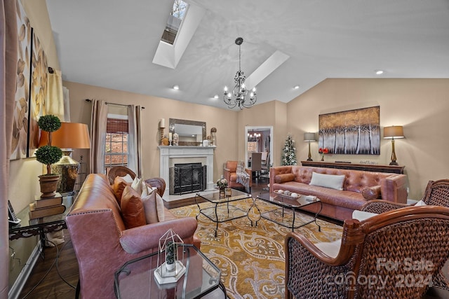 living room featuring a notable chandelier and lofted ceiling