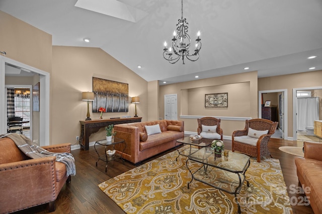 living room featuring high vaulted ceiling, dark hardwood / wood-style floors, and an inviting chandelier