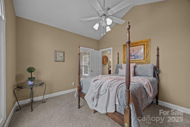 bedroom with carpet, vaulted ceiling, and ceiling fan