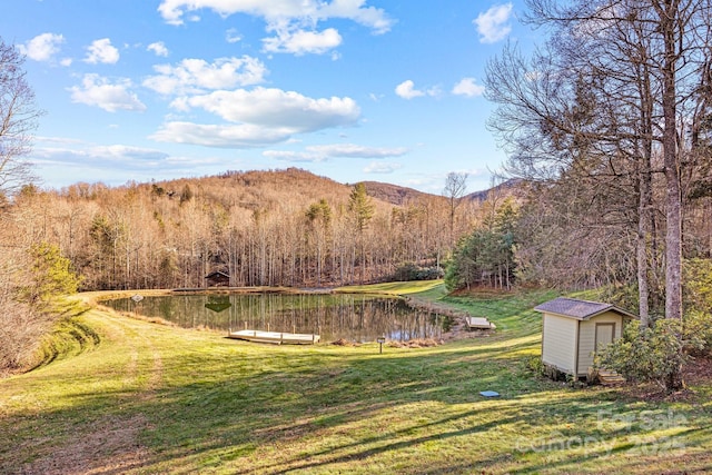 view of yard featuring a water and mountain view and a storage shed