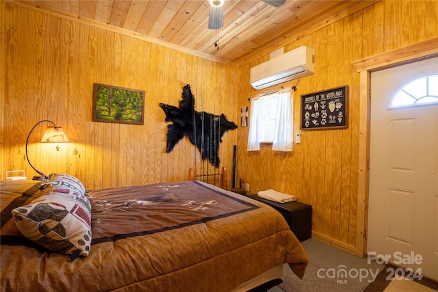 bedroom featuring multiple windows, wooden walls, a wall mounted air conditioner, and wood ceiling