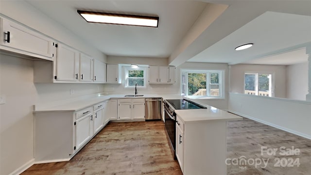 kitchen with white cabinetry, stainless steel dishwasher, sink, and range with electric stovetop