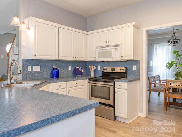 kitchen featuring stainless steel electric range, sink, backsplash, and light hardwood / wood-style floors