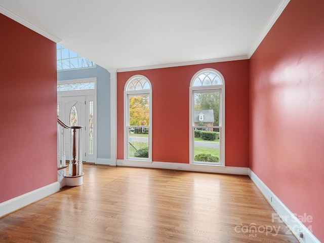 interior space with crown molding and light hardwood / wood-style flooring