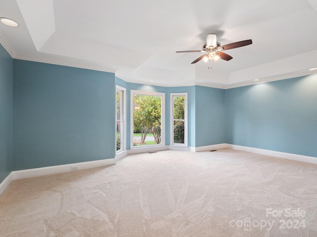 carpeted empty room featuring a tray ceiling, ceiling fan, and crown molding