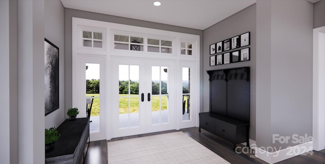 foyer entrance with dark hardwood / wood-style flooring and french doors