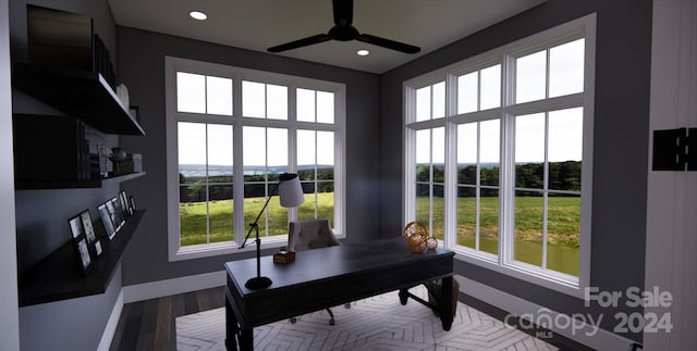 office area featuring hardwood / wood-style flooring and ceiling fan