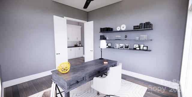 office space with dark wood-type flooring and ceiling fan