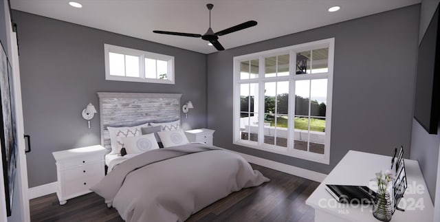 bedroom featuring ceiling fan and dark hardwood / wood-style floors