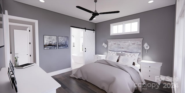 bedroom featuring a barn door, ceiling fan, connected bathroom, and dark hardwood / wood-style flooring