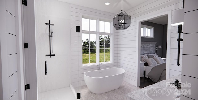 bathroom featuring vanity, tile patterned flooring, and shower with separate bathtub