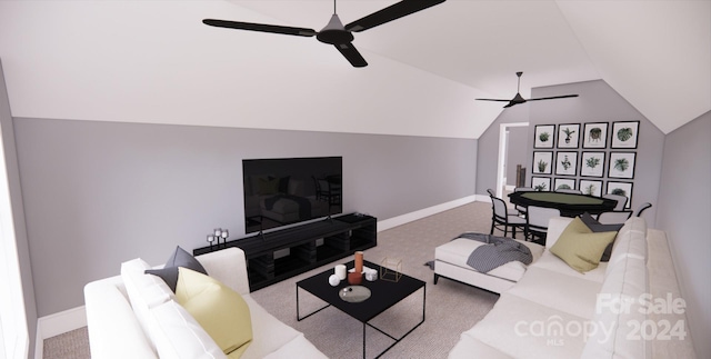 carpeted living room featuring vaulted ceiling and ceiling fan