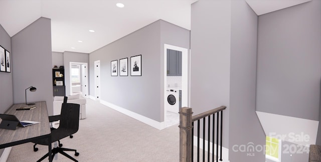 office featuring carpet flooring and washer / dryer