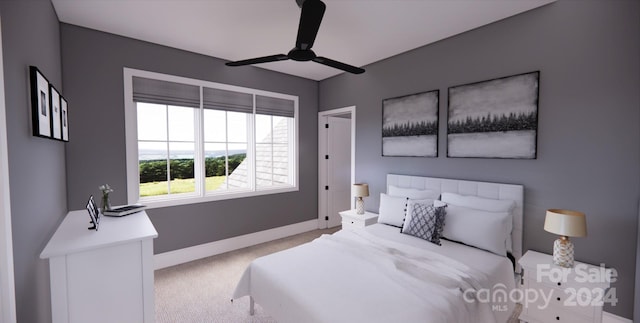 bedroom with light carpet and ceiling fan