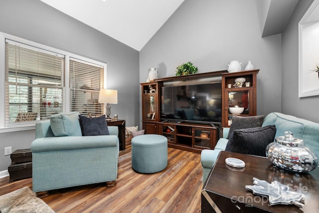 living room with hardwood / wood-style floors and high vaulted ceiling