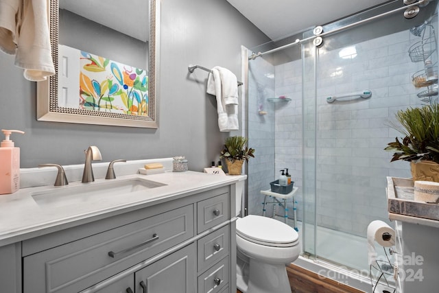 bathroom featuring toilet, vanity, hardwood / wood-style flooring, and a shower with shower door