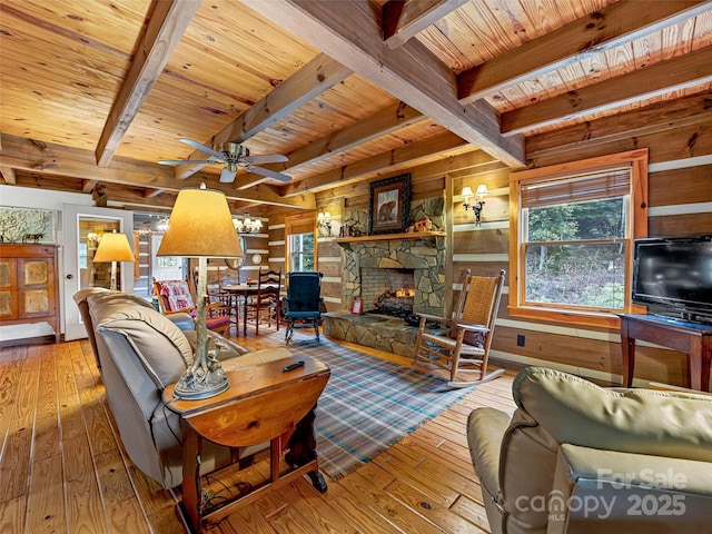 living room with wooden ceiling, a fireplace, wood walls, and hardwood / wood-style floors