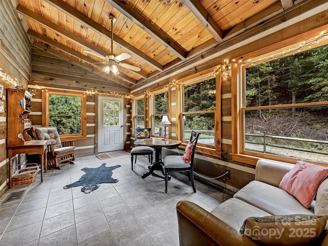 sunroom / solarium featuring a ceiling fan, wood ceiling, visible vents, and vaulted ceiling with beams