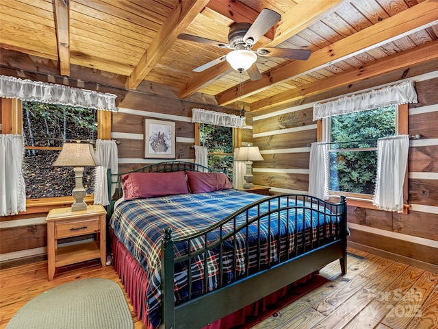 bedroom featuring wooden ceiling, wood-type flooring, beam ceiling, and wooden walls