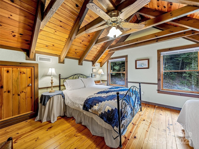 bedroom featuring visible vents, baseboards, wooden ceiling, light wood-style flooring, and vaulted ceiling with beams