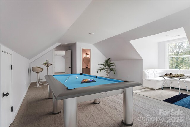 recreation room with vaulted ceiling, pool table, and carpet floors