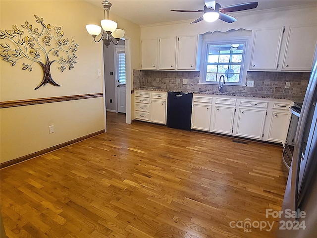 kitchen featuring dishwasher, white cabinetry, tasteful backsplash, and wood-type flooring