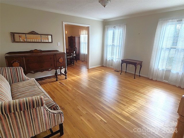 interior space with light hardwood / wood-style floors, a healthy amount of sunlight, a textured ceiling, and crown molding