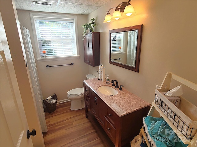 bathroom with hardwood / wood-style flooring, vanity, toilet, and a drop ceiling