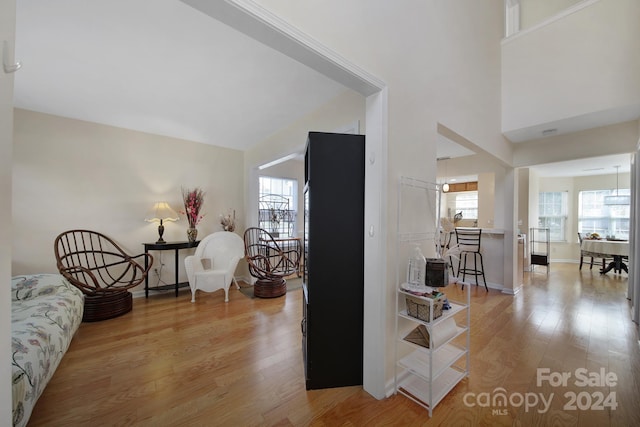 hallway with a towering ceiling and light hardwood / wood-style flooring