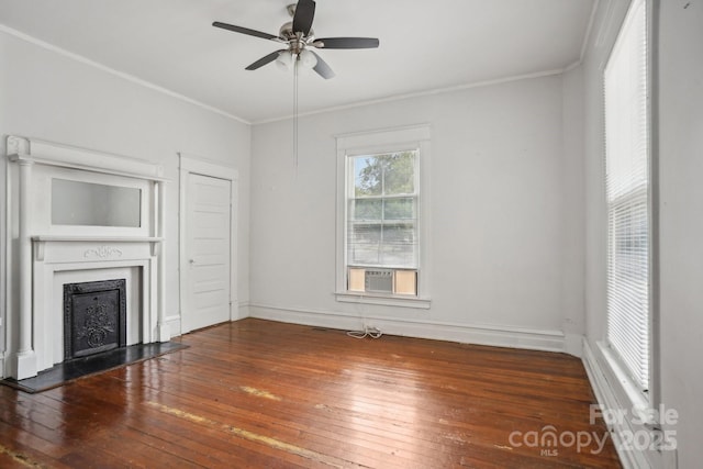 unfurnished living room with crown molding, ceiling fan, hardwood / wood-style floors, and cooling unit